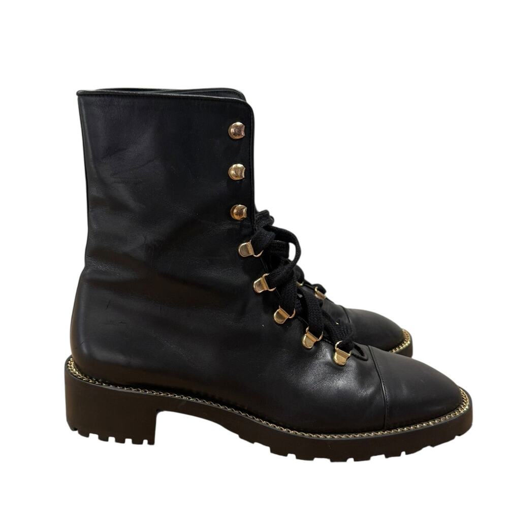 Stuart Weitzman Kolbie Black Leather Chain Combat Boot 39 Black